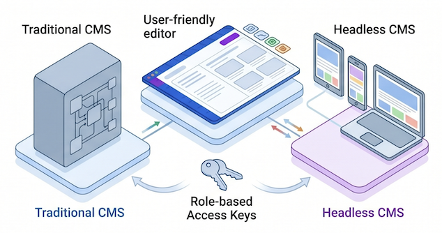 CMS interface with content editing and publishing workflow