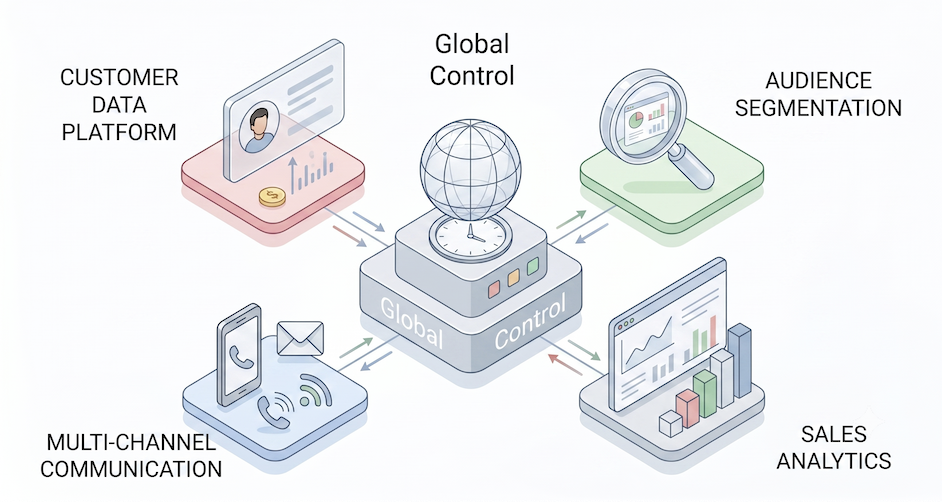 CRM Applications dashboard and customer management illustration